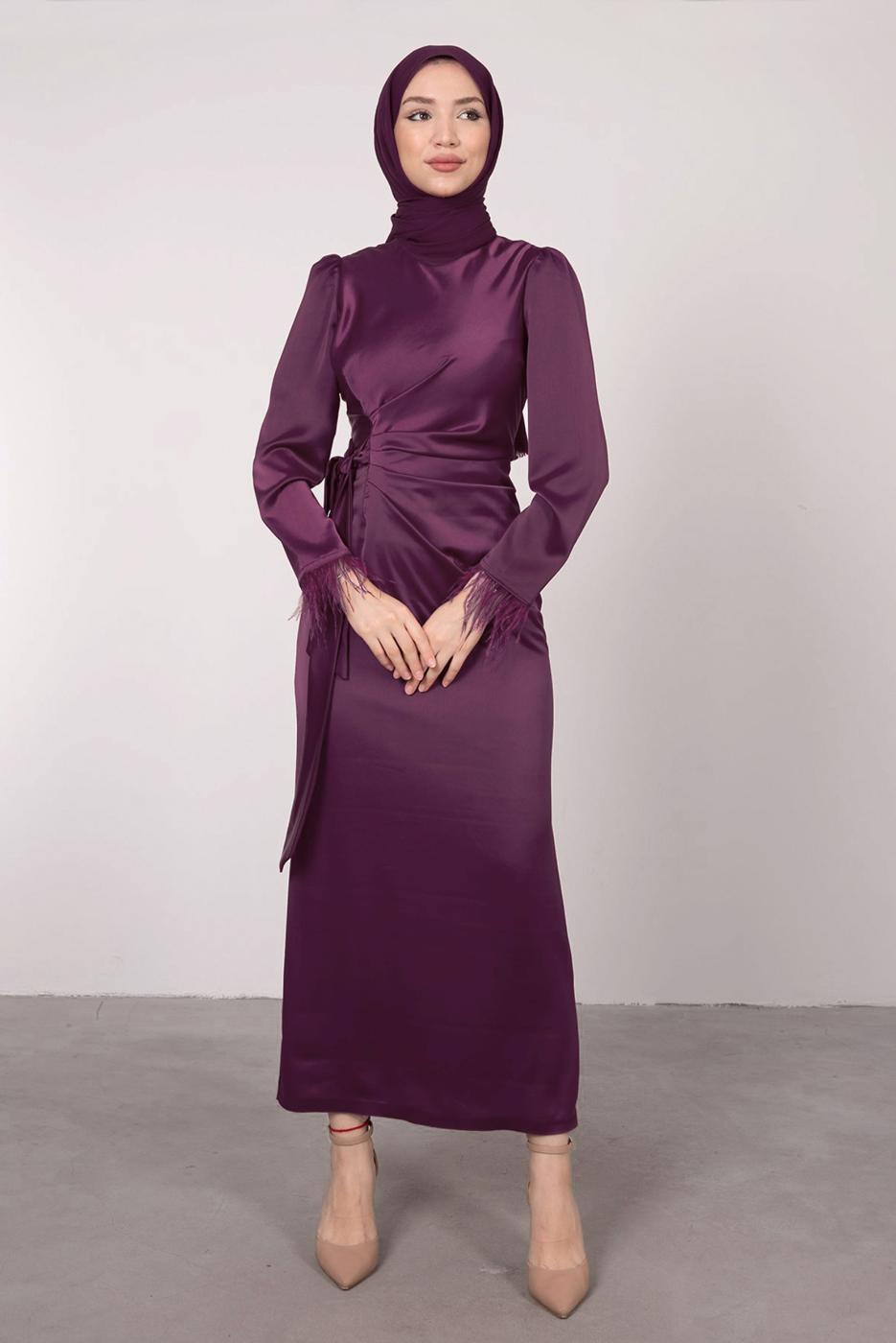 Tesettür giyim MÜRDÜM MANŞETLERİ TÜY DETAYLI ABİYE ELBİSE T 1295