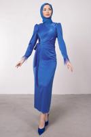 Tesettür giyim LACİVERT MANŞETLERİ TÜY DETAYLI ABİYE ELBİSE T 1295