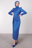 Tesettür giyim LACİVERT MANŞETLERİ TÜY DETAYLI ABİYE ELBİSE T 1295