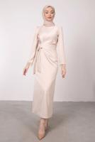 Tesettür giyim BEJ MANŞETLERİ TÜY DETAYLI ABİYE ELBİSE T 1295