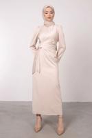 Tesettür giyim BEJ MANŞETLERİ TÜY DETAYLI ABİYE ELBİSE T 1295