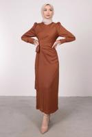 Tesettür giyim KAHVE MANŞETLERİ TÜY DETAYLI ABİYE ELBİSE T 1295