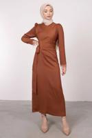 Tesettür giyim KAHVE MANŞETLERİ TÜY DETAYLI ABİYE ELBİSE T 1295