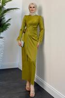 Tesettür giyim YEŞİL MANŞETLERİ TÜY DETAYLI ABİYE ELBİSE T 1295