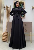 Tesettür giyim SİYAH KUŞAKLI MANŞETLERİ LASTİKLİ SATEN ABİYE ELBİSE T 1973
