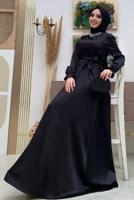 Tesettür giyim SİYAH KUŞAKLI MANŞETLERİ LASTİKLİ SATEN ABİYE ELBİSE T 1973