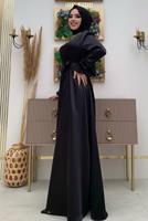 Tesettür giyim SİYAH KUŞAKLI MANŞETLERİ LASTİKLİ SATEN ABİYE ELBİSE T 1973
