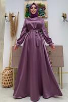 Tesettür giyim MOR KUŞAKLI MANŞETLERİ LASTİKLİ SATEN ABİYE ELBİSE T 1973