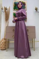 Tesettür giyim MOR KUŞAKLI MANŞETLERİ LASTİKLİ SATEN ABİYE ELBİSE T 1973
