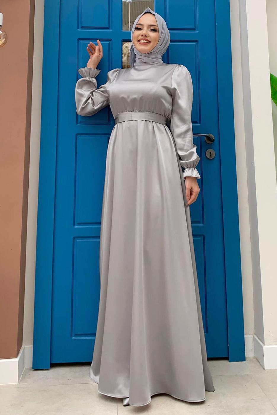 Tesettür giyim GRİ KUŞAKLI MANŞETLERİ LASTİKLİ SATEN ABİYE ELBİSE T 1973