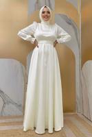 Tesettür giyim EKRU KUŞAKLI MANŞETLERİ LASTİKLİ SATEN ABİYE ELBİSE T 1973