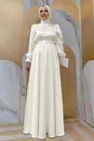 Tesettür giyim EKRU KUŞAKLI MANŞETLERİ LASTİKLİ SATEN ABİYE ELBİSE T 1973