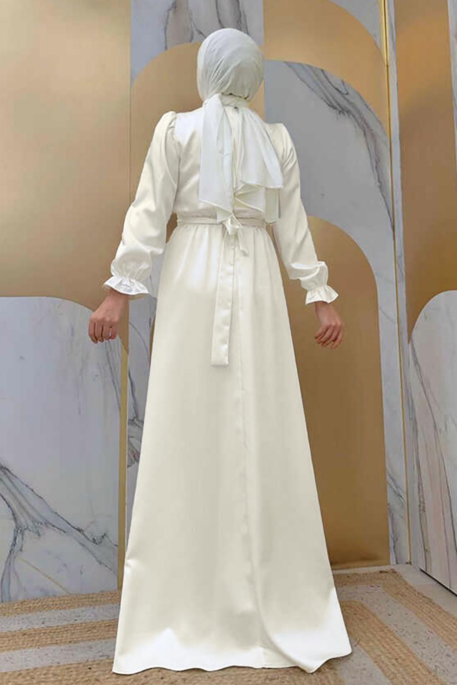 Tesettür giyim EKRU KUŞAKLI MANŞETLERİ LASTİKLİ SATEN ABİYE ELBİSE T 1973