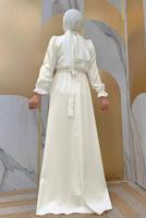 Tesettür giyim EKRU KUŞAKLI MANŞETLERİ LASTİKLİ SATEN ABİYE ELBİSE T 1973