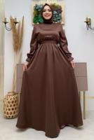 Tesettür giyim KAHVE KUŞAKLI MANŞETLERİ LASTİKLİ SATEN ABİYE ELBİSE T 1973