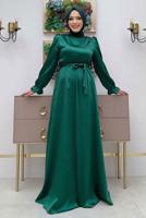 Tesettür giyim YEŞİL KUŞAKLI MANŞETLERİ LASTİKLİ SATEN ABİYE ELBİSE T 1973