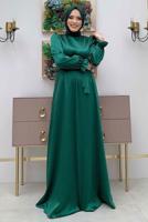 Tesettür giyim YEŞİL KUŞAKLI MANŞETLERİ LASTİKLİ SATEN ABİYE ELBİSE T 1973