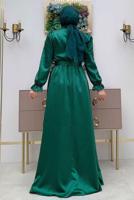Tesettür giyim YEŞİL KUŞAKLI MANŞETLERİ LASTİKLİ SATEN ABİYE ELBİSE T 1973