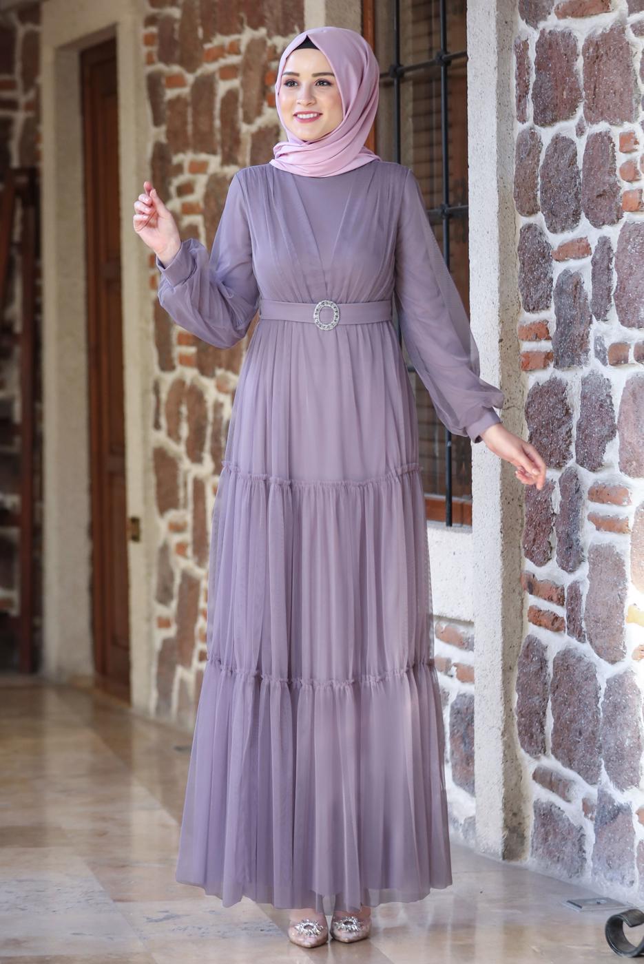 Tesettür giyim MOR KEMERLİ BÜZGÜ DETAYLI ABİYE ELBİSE T 2253
