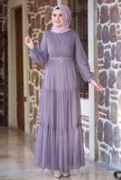 Tesettür giyim MOR KEMERLİ BÜZGÜ DETAYLI ABİYE ELBİSE T 2253