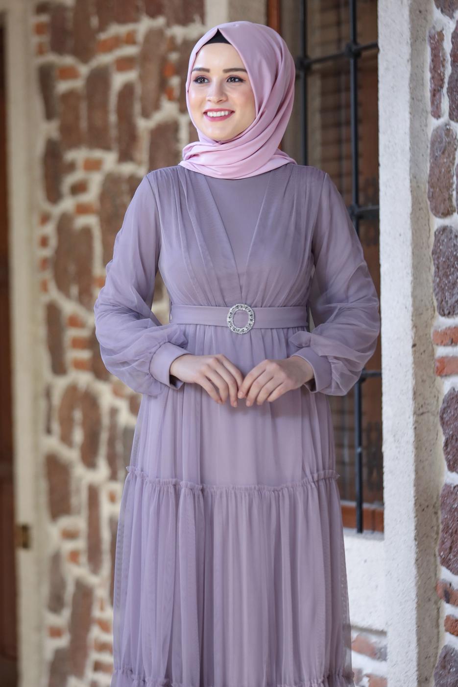 Tesettür giyim MOR KEMERLİ BÜZGÜ DETAYLI ABİYE ELBİSE T 2253