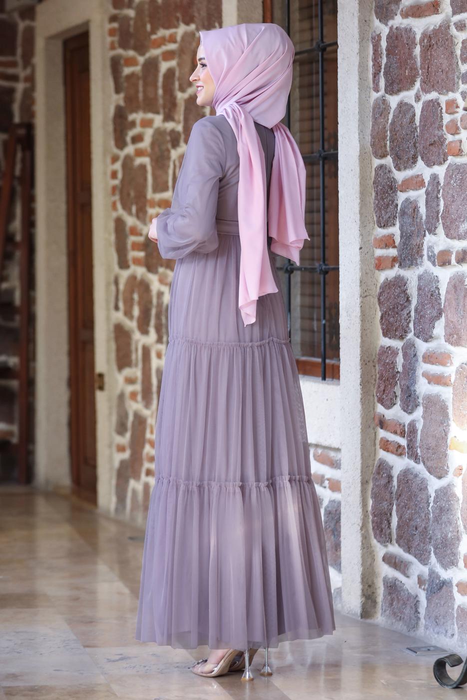 Tesettür giyim MOR KEMERLİ BÜZGÜ DETAYLI ABİYE ELBİSE T 2253