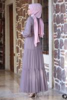 Tesettür giyim MOR KEMERLİ BÜZGÜ DETAYLI ABİYE ELBİSE T 2253