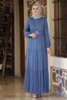 Tesettür giyim LACİVERT KEMERLİ BÜZGÜ DETAYLI ABİYE ELBİSE T 2253