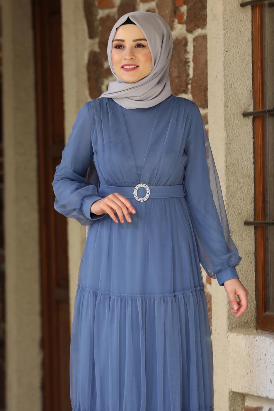 Tesettür giyim LACİVERT KEMERLİ BÜZGÜ DETAYLI ABİYE ELBİSE T 2253