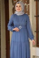 Tesettür giyim LACİVERT KEMERLİ BÜZGÜ DETAYLI ABİYE ELBİSE T 2253