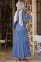 Tesettür giyim LACİVERT KEMERLİ BÜZGÜ DETAYLI ABİYE ELBİSE T 2253