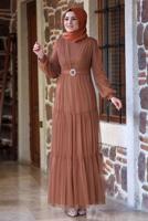 Tesettür giyim KAHVE KEMERLİ BÜZGÜ DETAYLI ABİYE ELBİSE T 2253