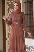Tesettür giyim KAHVE KEMERLİ BÜZGÜ DETAYLI ABİYE ELBİSE T 2253