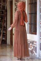 Tesettür giyim KAHVE KEMERLİ BÜZGÜ DETAYLI ABİYE ELBİSE T 2253