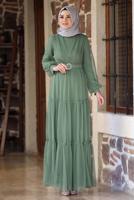 Tesettür giyim YEŞİL KEMERLİ BÜZGÜ DETAYLI ABİYE ELBİSE T 2253