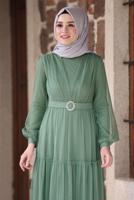 Tesettür giyim YEŞİL KEMERLİ BÜZGÜ DETAYLI ABİYE ELBİSE T 2253