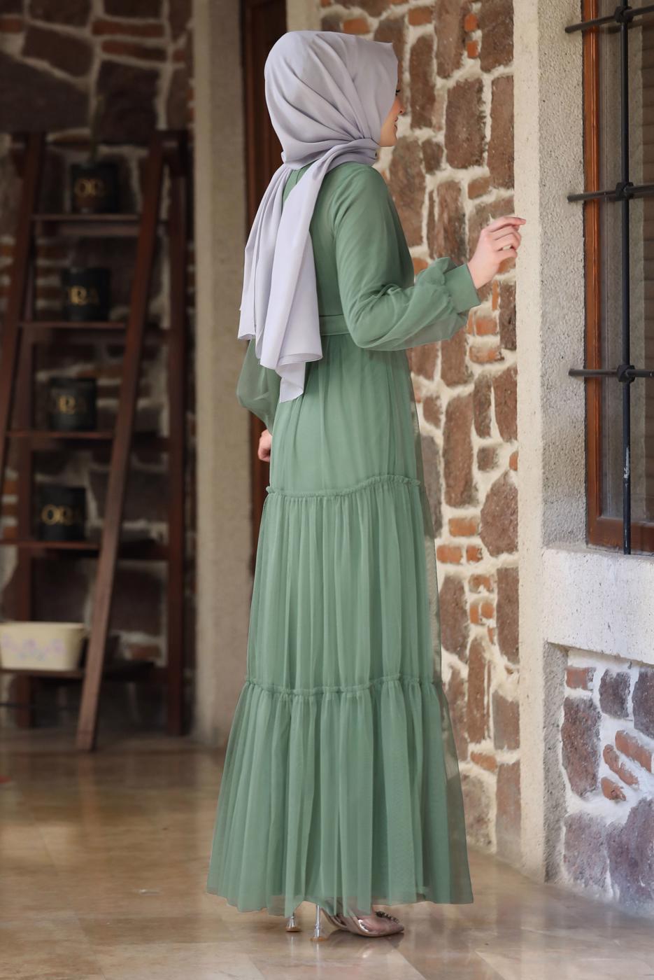 Tesettür giyim YEŞİL KEMERLİ BÜZGÜ DETAYLI ABİYE ELBİSE T 2253
