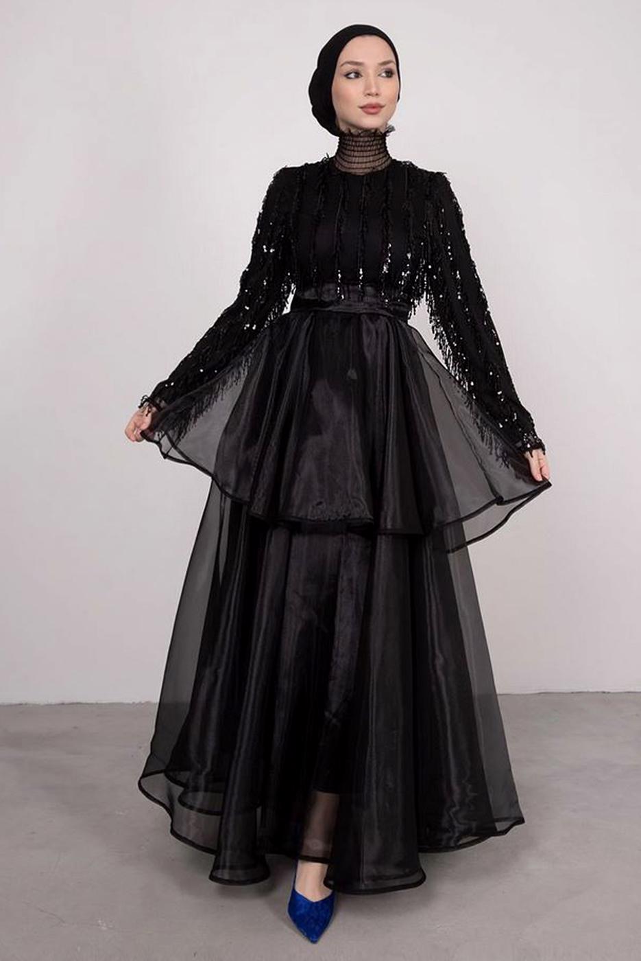 Tesettür giyim SİYAH PUL PAYETLİ ETEĞİ KATLI ORGANZE ABİYE ELBİSE T 2547