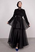 Tesettür giyim SİYAH PUL PAYETLİ ETEĞİ KATLI ORGANZE ABİYE ELBİSE T 2547