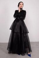 Tesettür giyim SİYAH PUL PAYETLİ ETEĞİ KATLI ORGANZE ABİYE ELBİSE T 2547