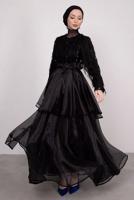 Tesettür giyim SİYAH PUL PAYETLİ ETEĞİ KATLI ORGANZE ABİYE ELBİSE T 2547