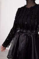 Tesettür giyim SİYAH PUL PAYETLİ ETEĞİ KATLI ORGANZE ABİYE ELBİSE T 2547