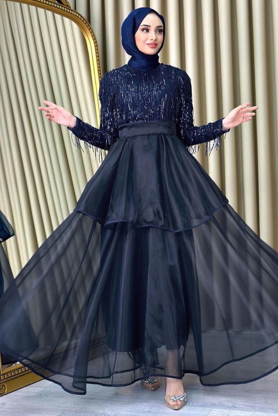 Tesettür giyim LACİVERT PUL PAYETLİ ETEĞİ KATLI ORGANZE ABİYE ELBİSE T 2547