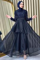 Tesettür giyim LACİVERT PUL PAYETLİ ETEĞİ KATLI ORGANZE ABİYE ELBİSE T 2547