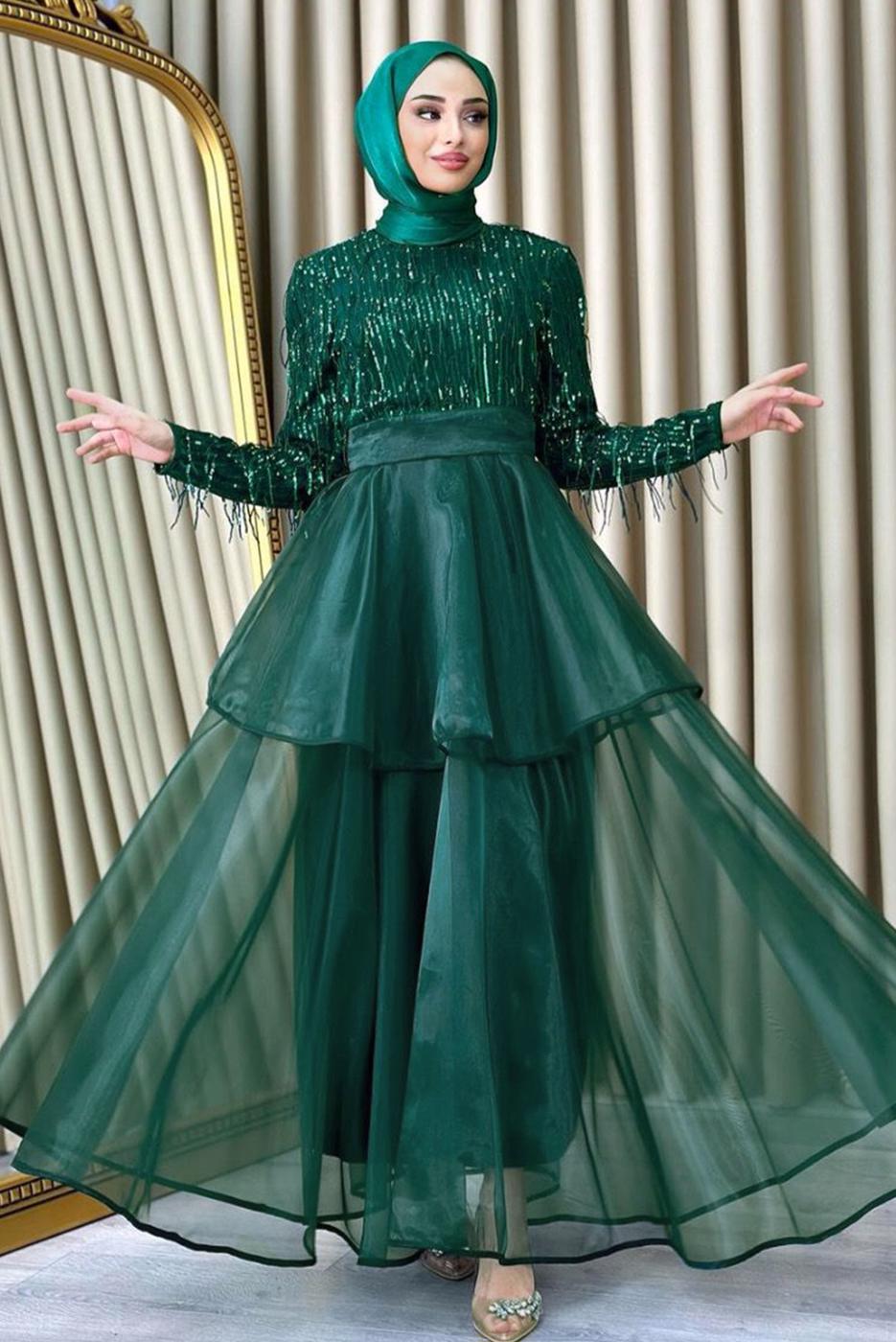 Tesettür giyim YEŞİL PUL PAYETLİ ETEĞİ KATLI ORGANZE ABİYE ELBİSE T 2547