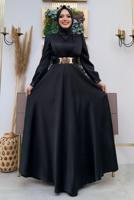 Tesettür giyim SİYAH KEMERLİ DRAPE DETAYLI SATEN ABİYE ELBİSE T 2973