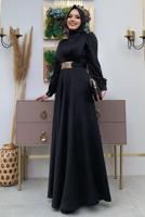 Tesettür giyim SİYAH KEMERLİ DRAPE DETAYLI SATEN ABİYE ELBİSE T 2973
