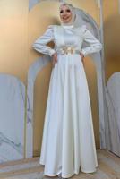 Tesettür giyim EKRU KEMERLİ DRAPE DETAYLI SATEN ABİYE ELBİSE T 2973