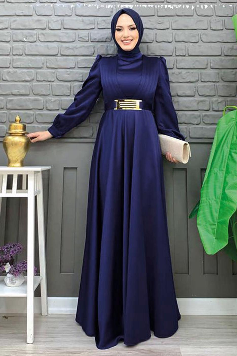 Tesettür giyim LACİVERT KEMERLİ DRAPE DETAYLI SATEN ABİYE ELBİSE T 2973