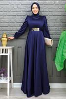 Tesettür giyim LACİVERT KEMERLİ DRAPE DETAYLI SATEN ABİYE ELBİSE T 2973